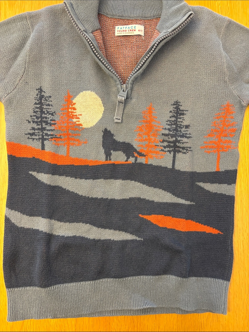 Fat Face Boys Blue/Gray Zip-Up Sweater with Wolf and Forest Motif - size 6/7 - Picture 4 of 8